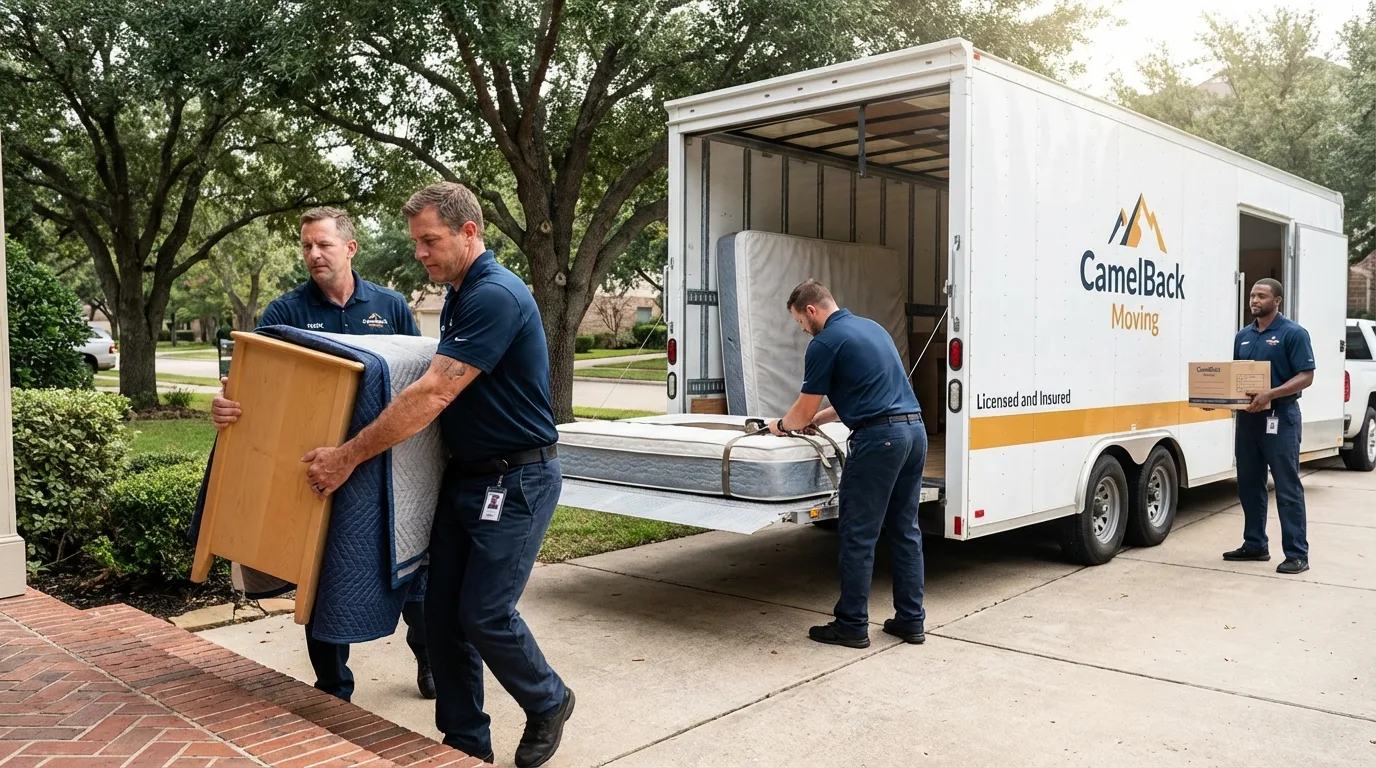 Crew loading residential truck for cross-state move from Cambridge, WI