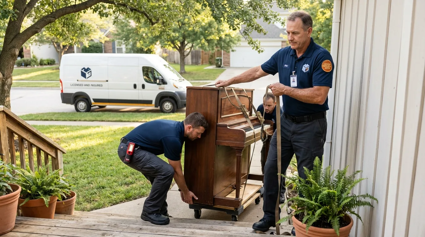Licensed piano movers securing grand piano in Cambridge, WI