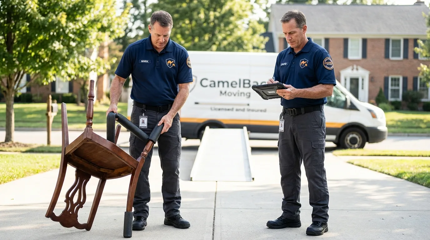 Movers inspecting furniture for damage prevention before loading in Cambridge, WI