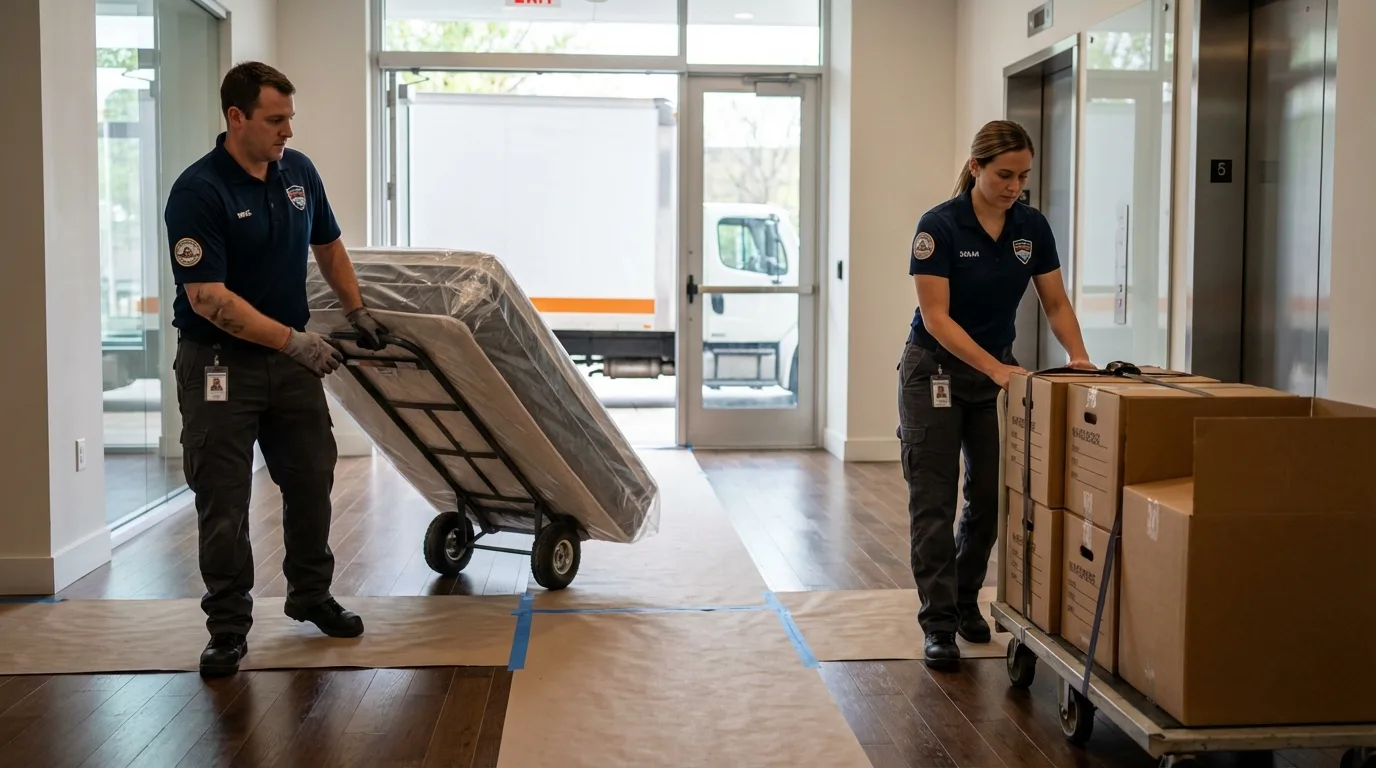 Professional apartment movers loading elevator in Cambridge, WI